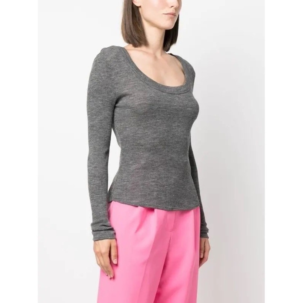 Dorothee Schumacher Wool Ribbed Scoop Neck Long Sleeve Top‎ Grey Women's XL